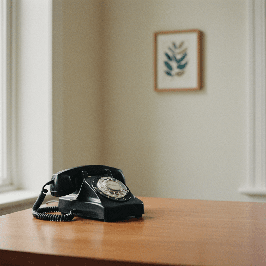 A black telephone receiver resting in its cradle on a warm wooden desk in soft daylight.