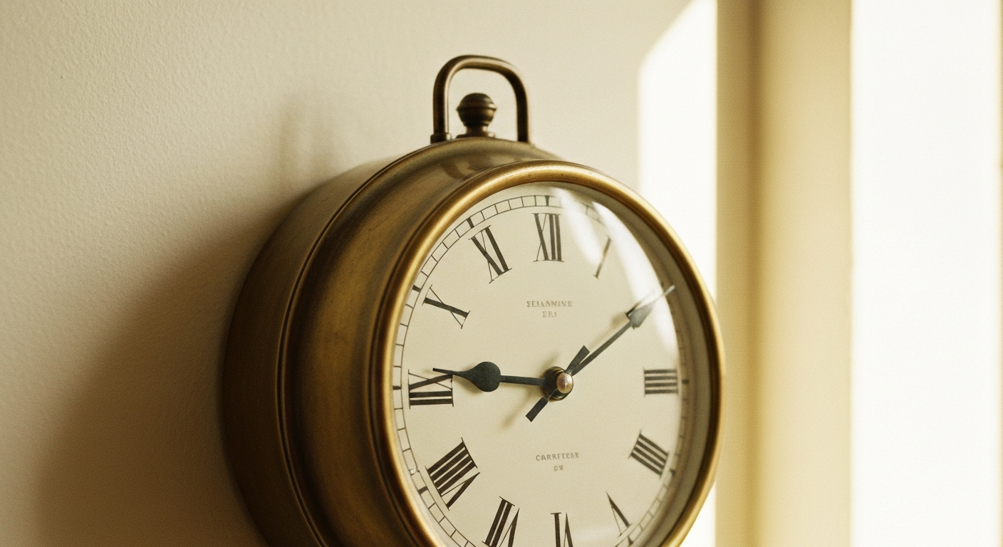 A wall clock at a slight angle, hands pointing to mid-afternoon, an open notebook on a shelf below