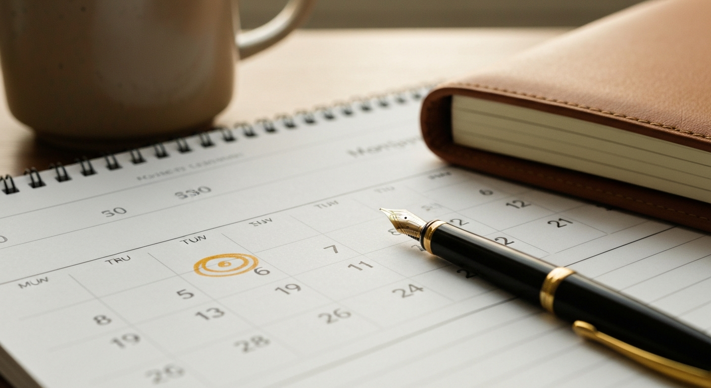 Wall calendar with one date softly circled in amber, an open ring binder beneath